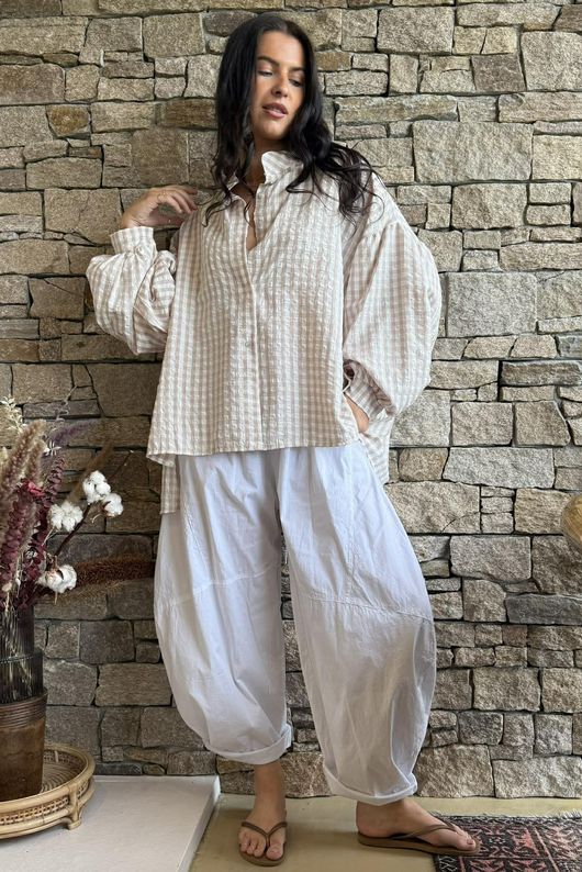 Ginny Gingham Balloon Sleeve Blouse Latte